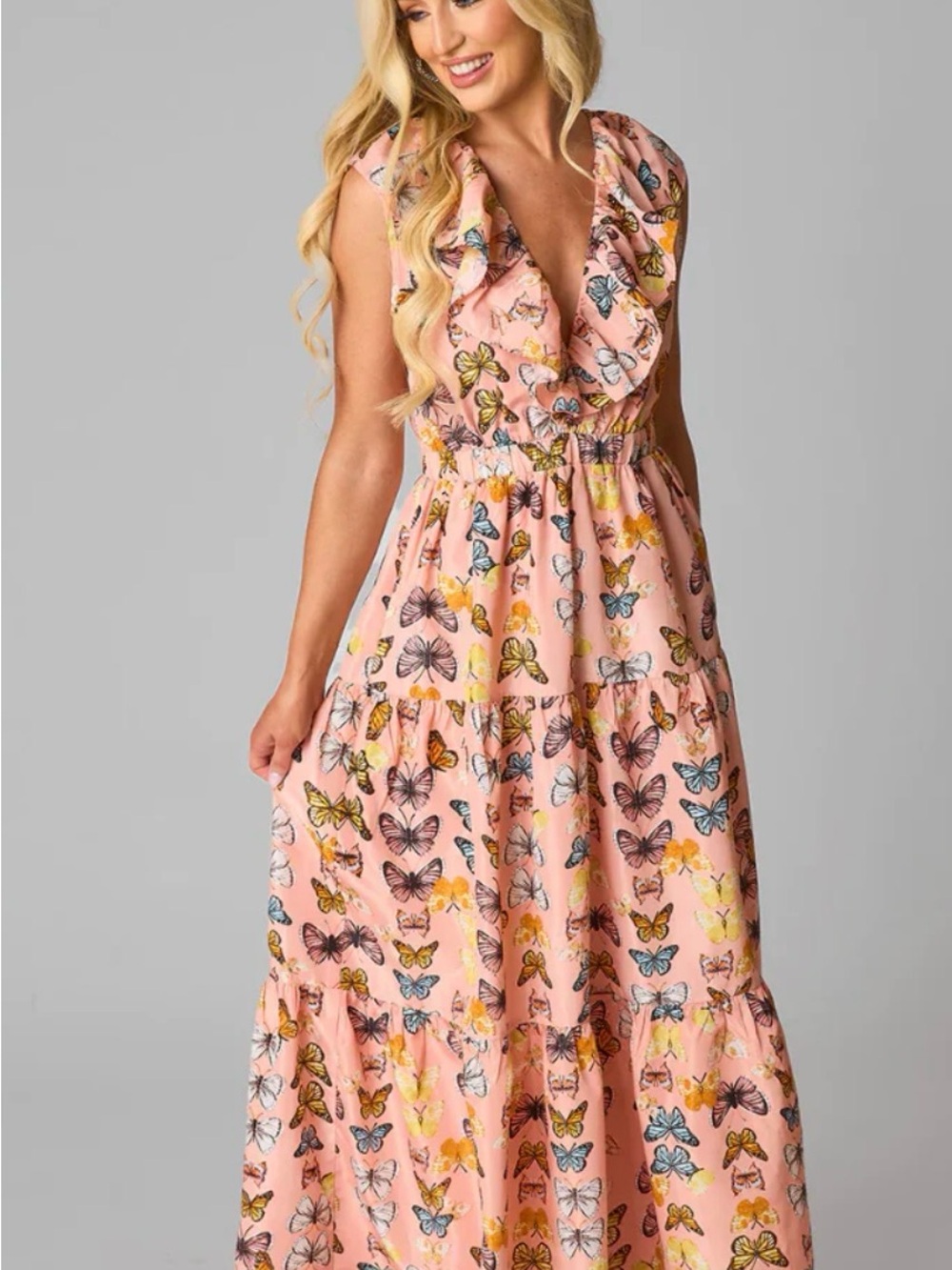 Buddy Love Flutter Sleeve Pink Butterfly Maxi Dress- size large